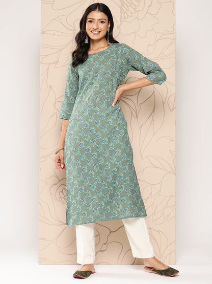 Women's Green Ethnic Printed Straight Kurta With Three Quarter Sleeves