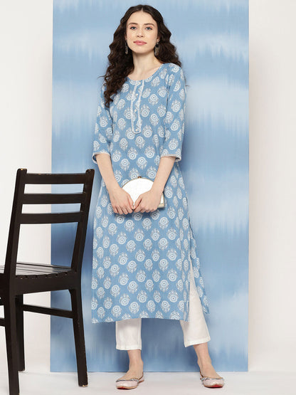 Women's Blue Ethnic Printed Straight Kurta With Three Quarter Sleeves
