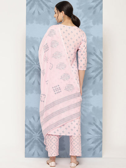 Women's Light Pink Printed Straight Kurta With Palazzo And Dupatta