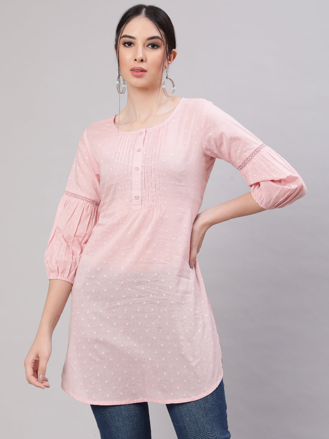 Women's Pink Straight Tunic With Three Quaretr Sleeves