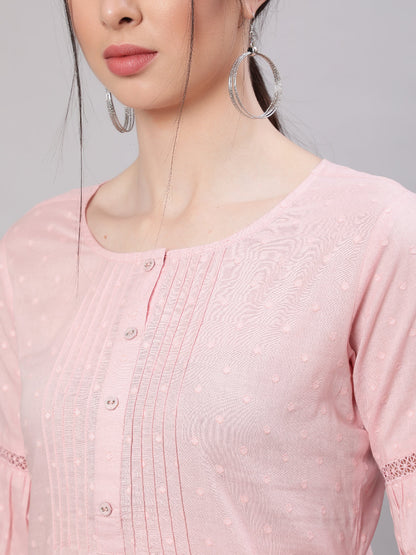 Women's Pink Straight Tunic With Three Quaretr Sleeves