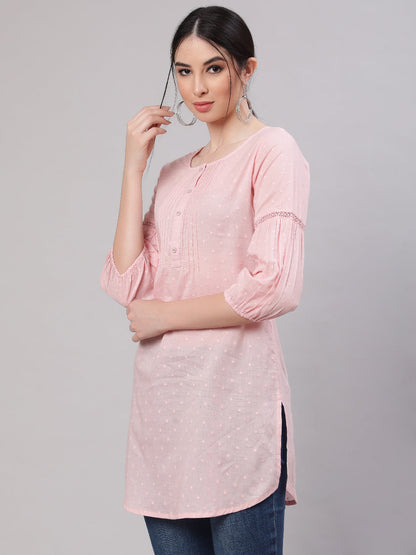 Women's Pink Straight Tunic With Three Quaretr Sleeves