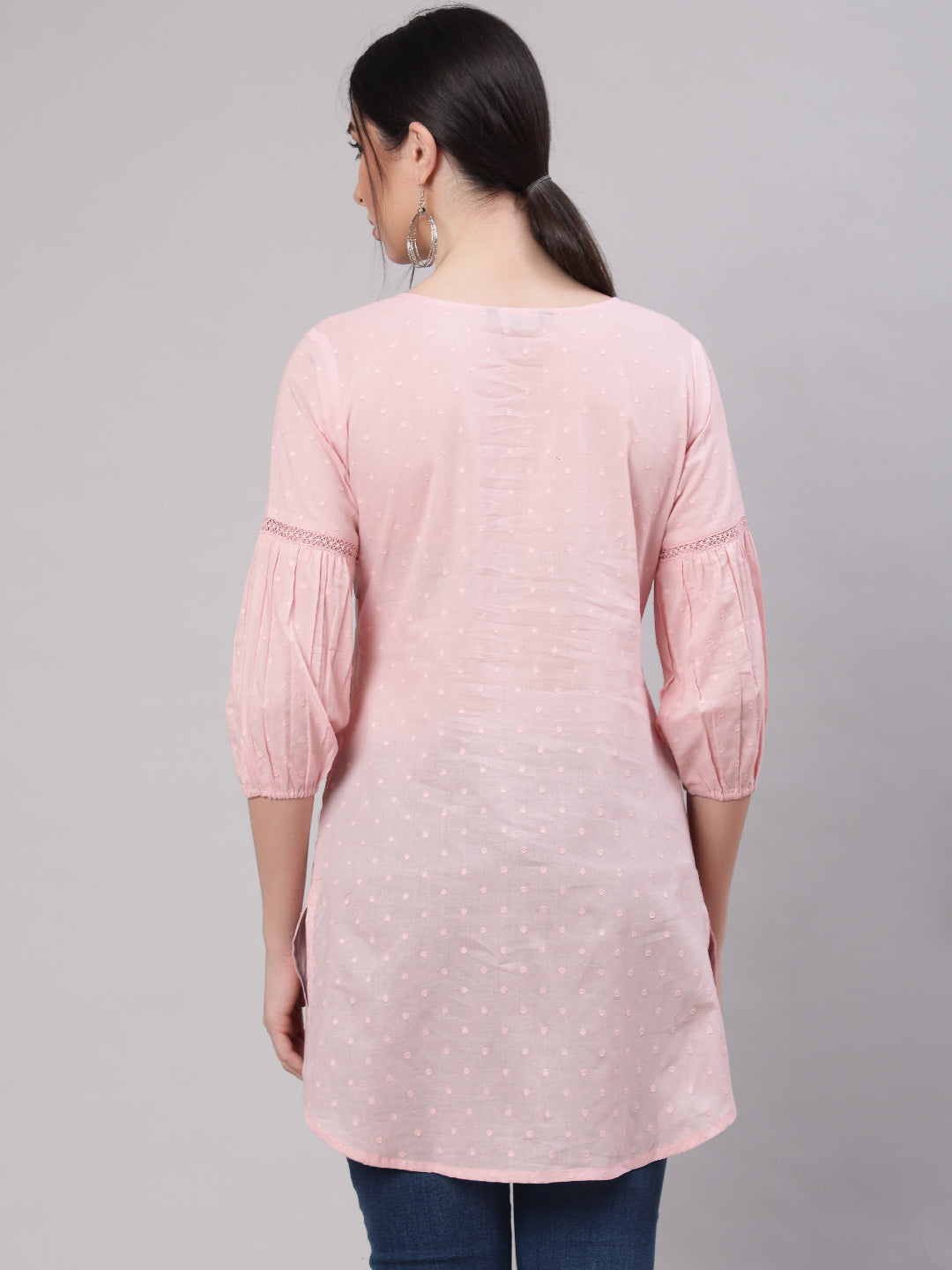 Women's Pink Straight Tunic With Three Quaretr Sleeves