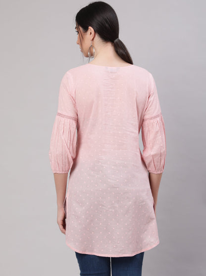 Women's Pink Straight Tunic With Three Quaretr Sleeves
