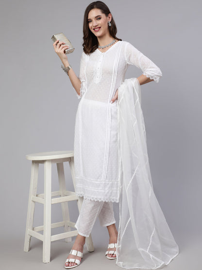 Women's White Lace details Straight Kurta With Trouser And Net Dupatta