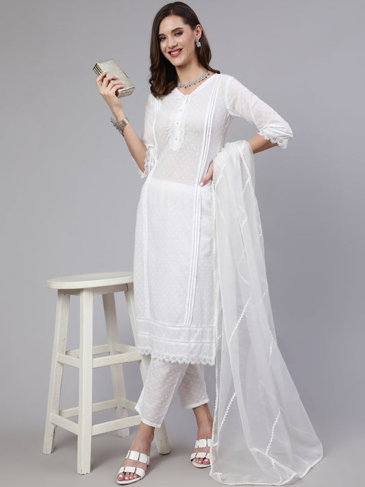 Women's White Lace details Straight Kurta With Trouser And Net Dupatta