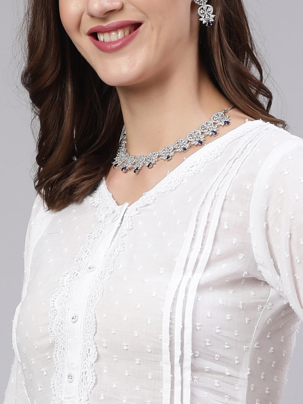 Women's White Lace details Straight Kurta With Trouser And Net Dupatta