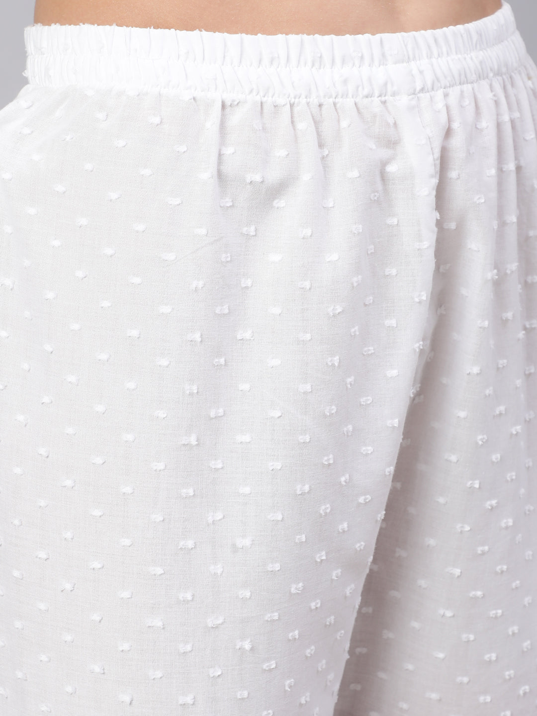 Women's White Lace details Straight Kurta With Trouser And Net Dupatta