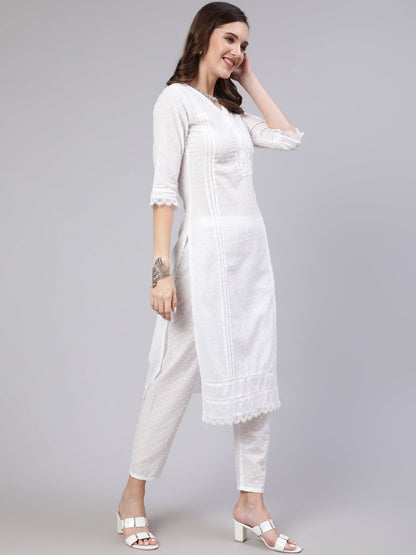 Women's White Lace details Straight Kurta With Trouser And Net Dupatta