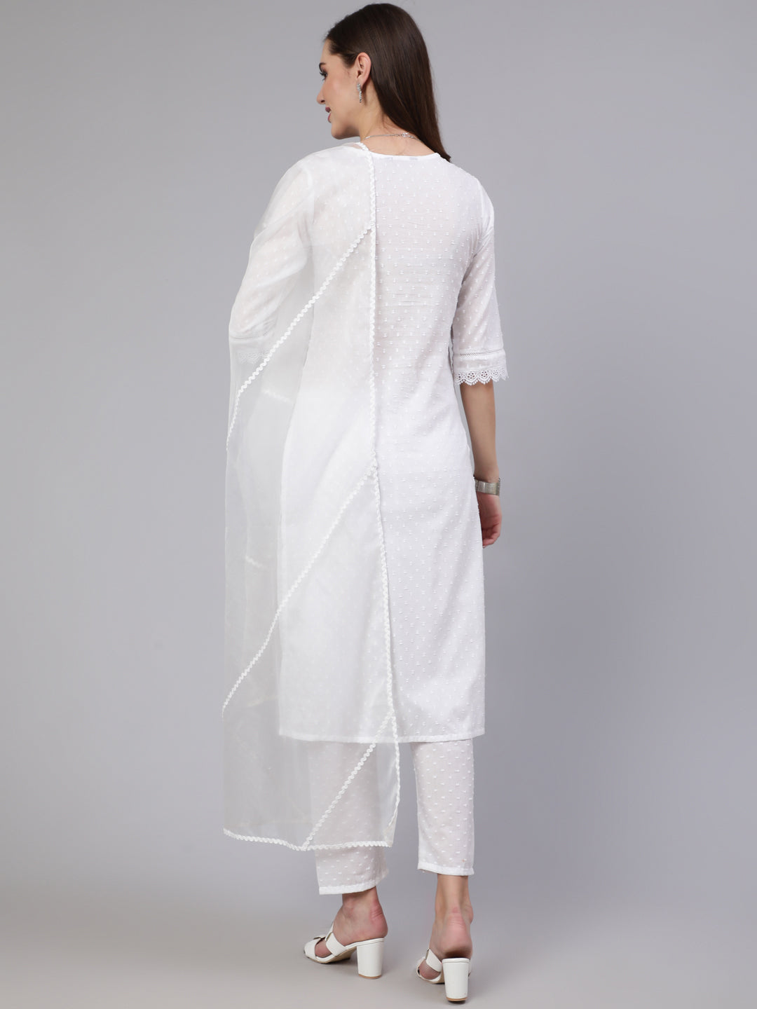 Women's White Lace details Straight Kurta With Trouser And Net Dupatta