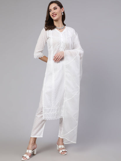 Women's White Lace details Straight Kurta With Trouser And Net Dupatta