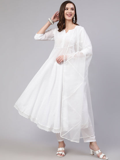 Women's White Lace details Flared Kurta With Trouser And Dupatta