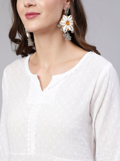Women's White Lace details Flared Kurta With Trouser And Dupatta
