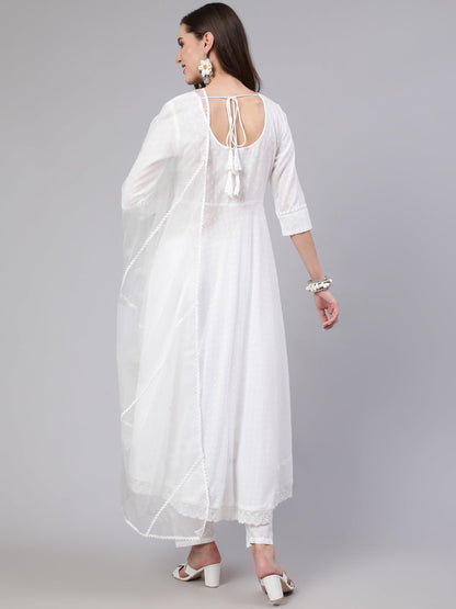 Women's White Lace details Flared Kurta With Trouser And Dupatta