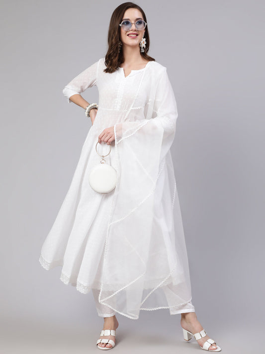 Women's White Lace details Flared Kurta With Trouser And Dupatta