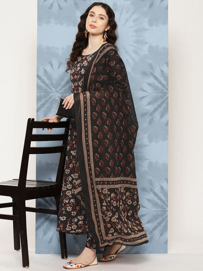 Women's Black Floral Printed Flared Kurta With Trouser And Dupatta