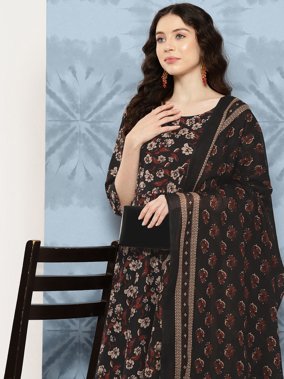 Women's Black Floral Printed Flared Kurta With Trouser And Dupatta