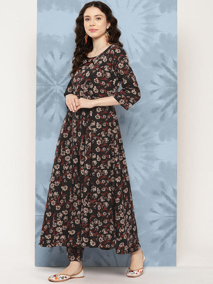 Women's Black Floral Printed Flared Kurta With Trouser And Dupatta