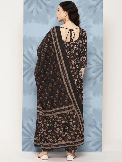 Women's Black Floral Printed Flared Kurta With Trouser And Dupatta