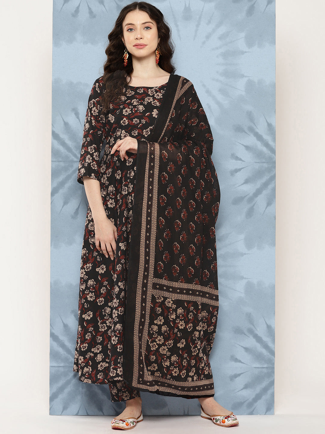 Women's Black Floral Printed Flared Kurta With Trouser And Dupatta