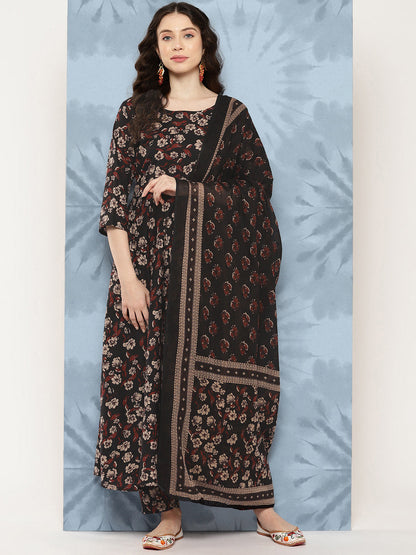 Women's Black Floral Printed Flared Kurta With Trouser And Dupatta
