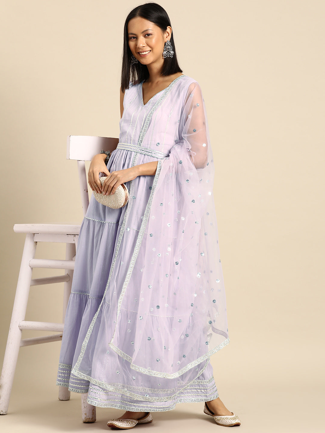 Women's Lavender Embroidered Flared Dress With Scalloped Dupatta
