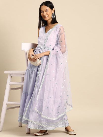 Women's Lavender Embroidered Flared Dress With Scalloped Dupatta