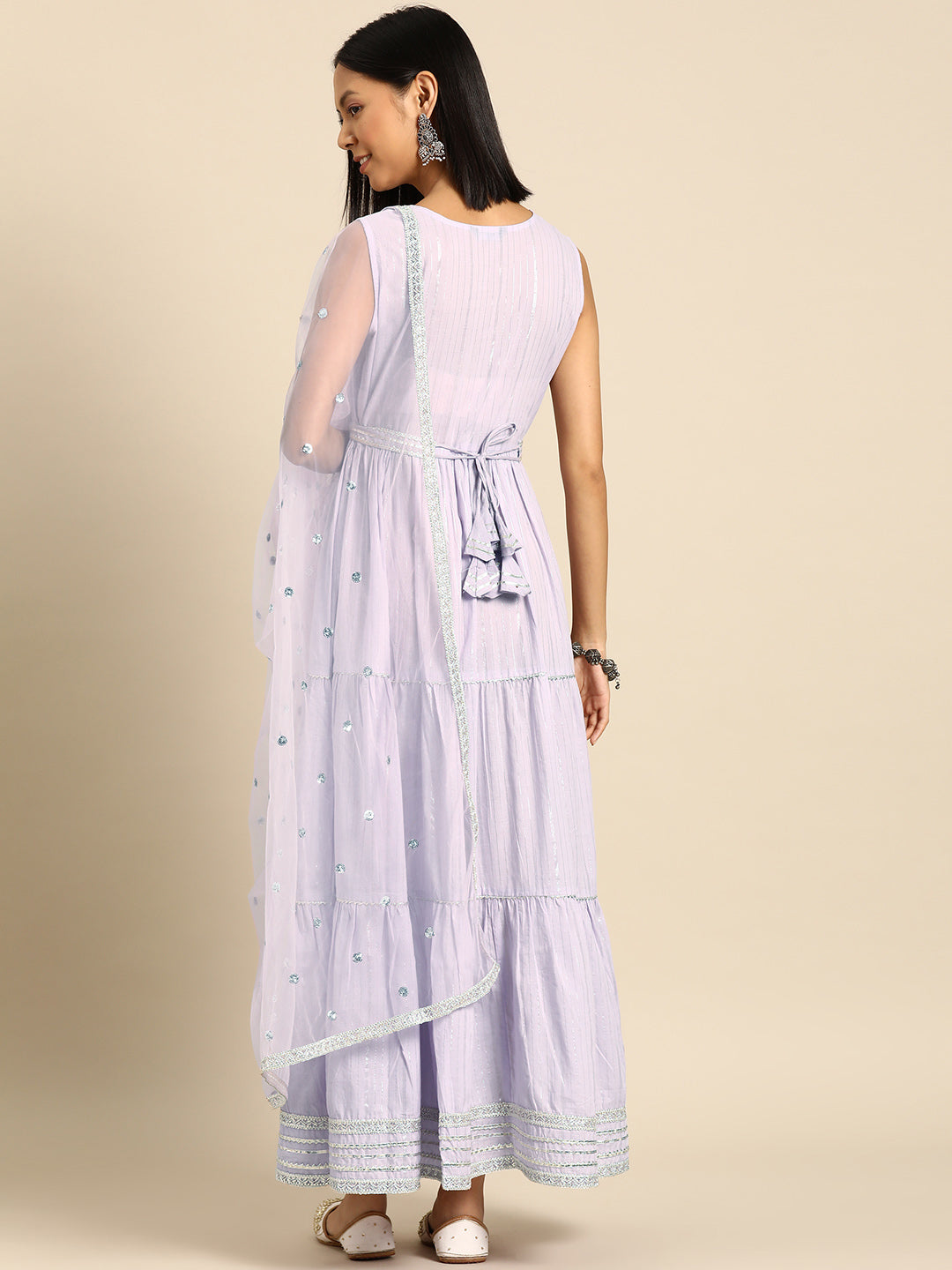 Women's Lavender Embroidered Flared Dress With Scalloped Dupatta