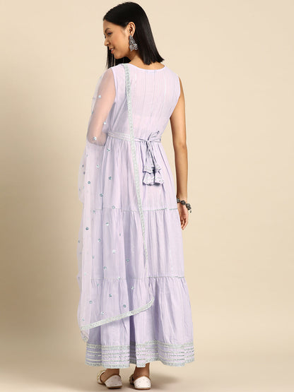 Women's Lavender Embroidered Flared Dress With Scalloped Dupatta