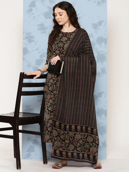 Women's Black Floral Printed Straight Kurta With Trouser And Dupatta