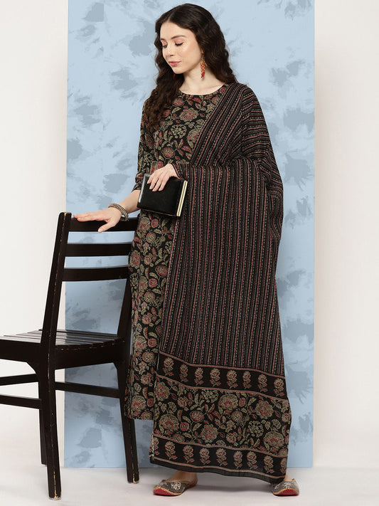 Women's Black Floral Printed Straight Kurta With Trouser And Dupatta