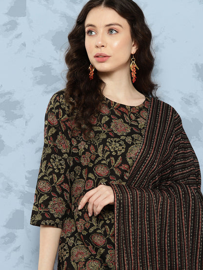 Women's Black Floral Printed Straight Kurta With Trouser And Dupatta