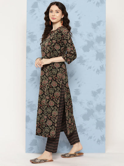 Women's Black Floral Printed Straight Kurta With Trouser And Dupatta