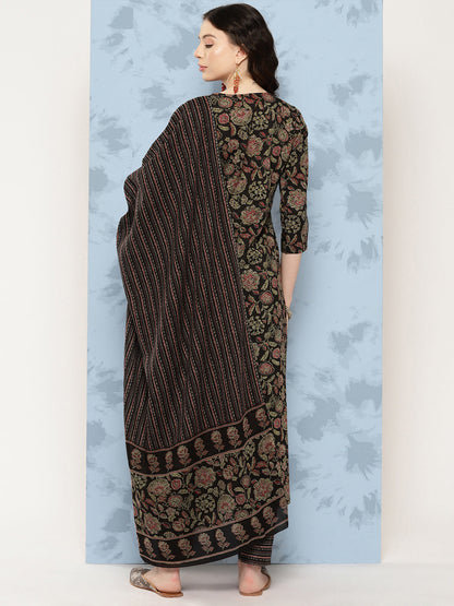Women's Black Floral Printed Straight Kurta With Trouser And Dupatta