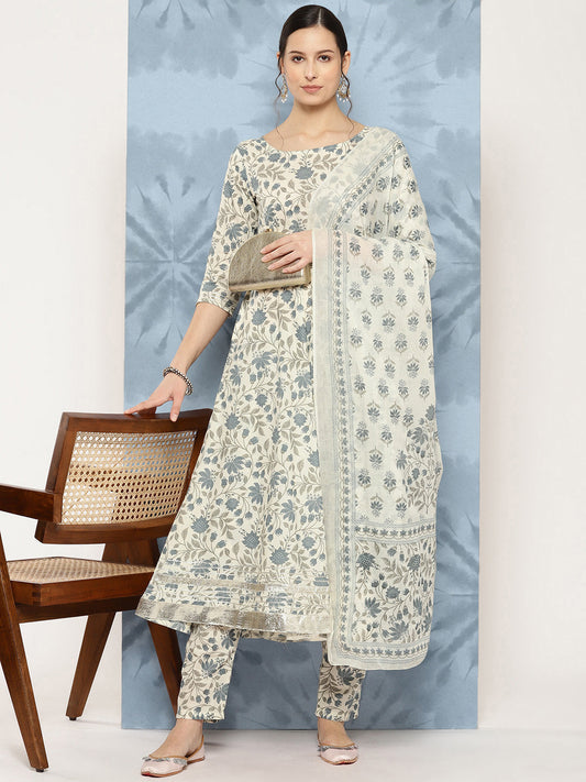 Women's Off-White Floral Printed Flared Kurta With Trouser And Dupatta