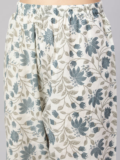 Women's Off-White Floral Printed Flared Kurta With Trouser And Dupatta