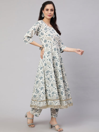 Women's Off-White Floral Printed Flared Kurta With Trouser And Dupatta