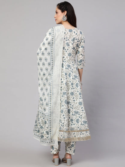 Women's Off-White Floral Printed Flared Kurta With Trouser And Dupatta