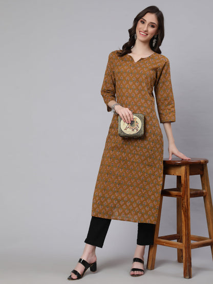 Women's Yellow Printed straight Kurta With three qurter sleeves
