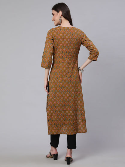 Women's Yellow Printed straight Kurta With three qurter sleeves