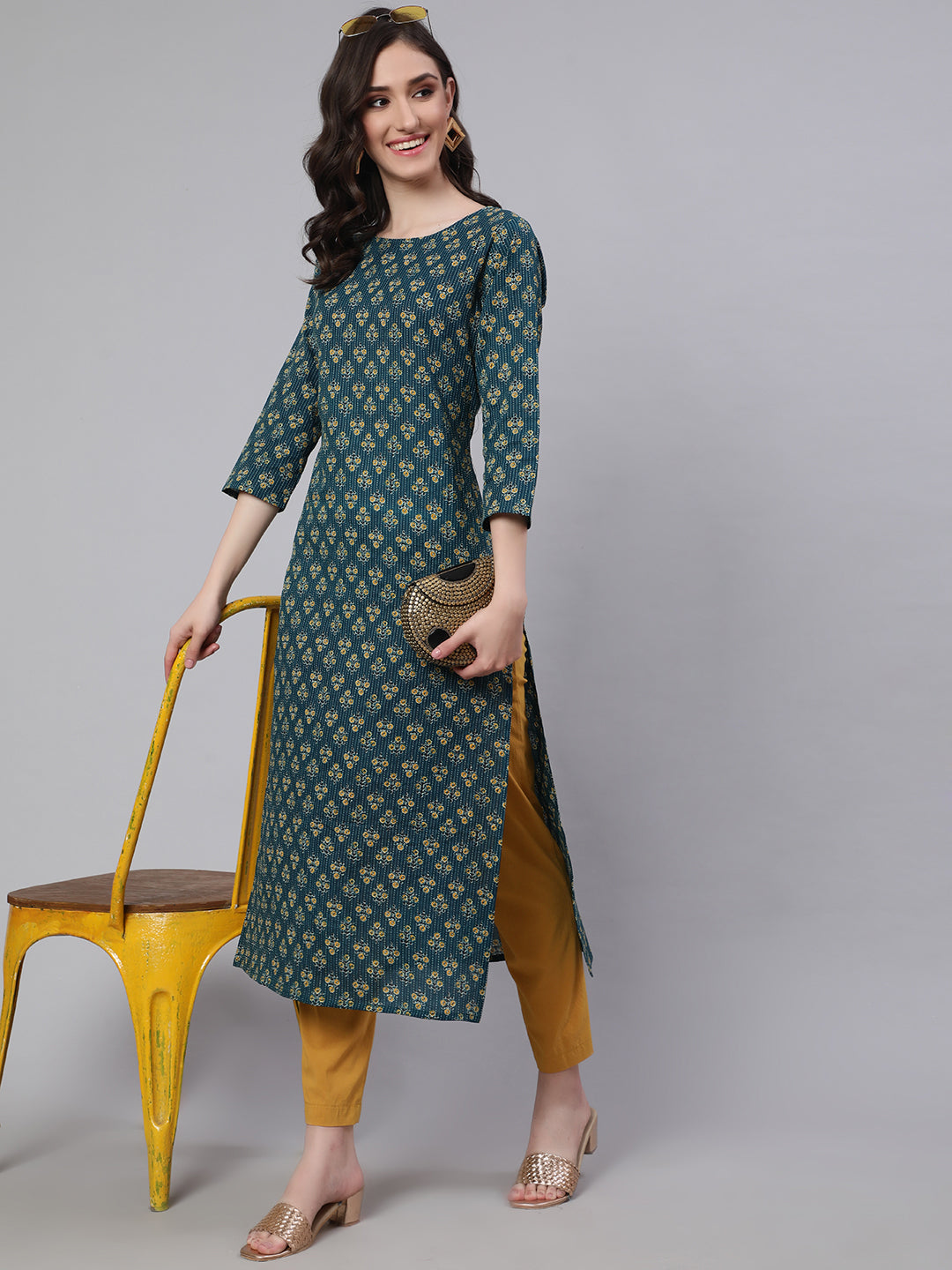 Women's Teal Blue Printed straight Kurta With three qurter sleeves