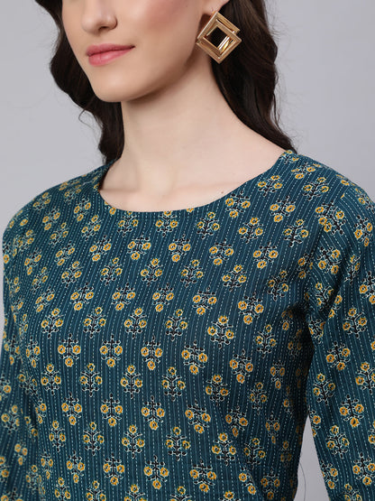 Women's Teal Blue Printed straight Kurta With three qurter sleeves