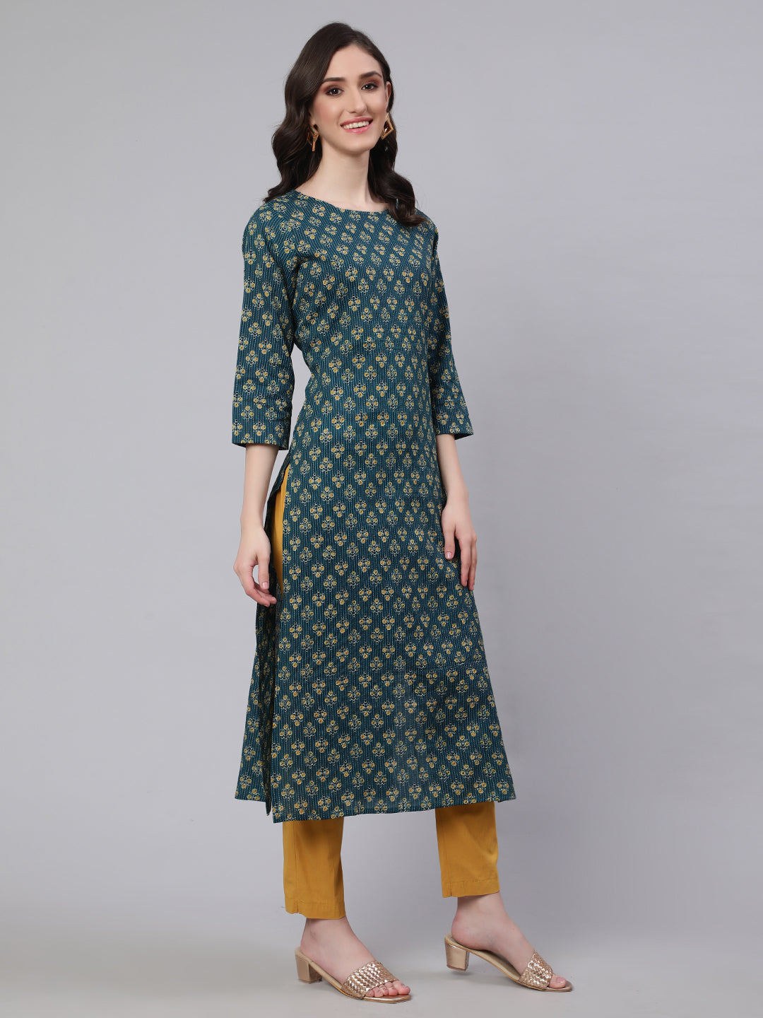 Women's Teal Blue Printed straight Kurta With three qurter sleeves