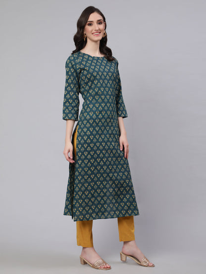 Women's Teal Blue Printed straight Kurta With three qurter sleeves