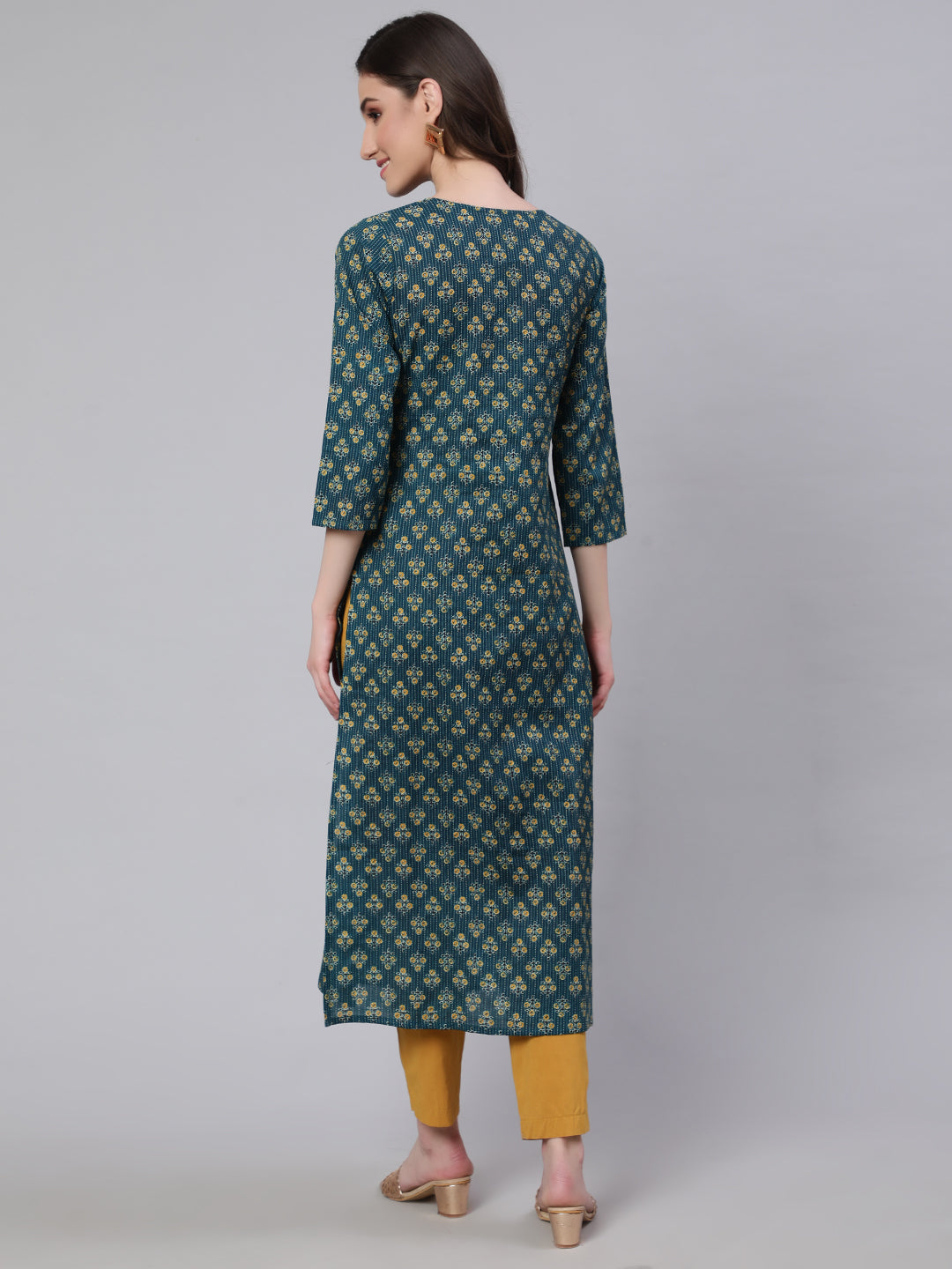 Women's Teal Blue Printed straight Kurta With three qurter sleeves