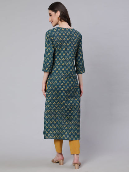 Women's Teal Blue Printed straight Kurta With three qurter sleeves