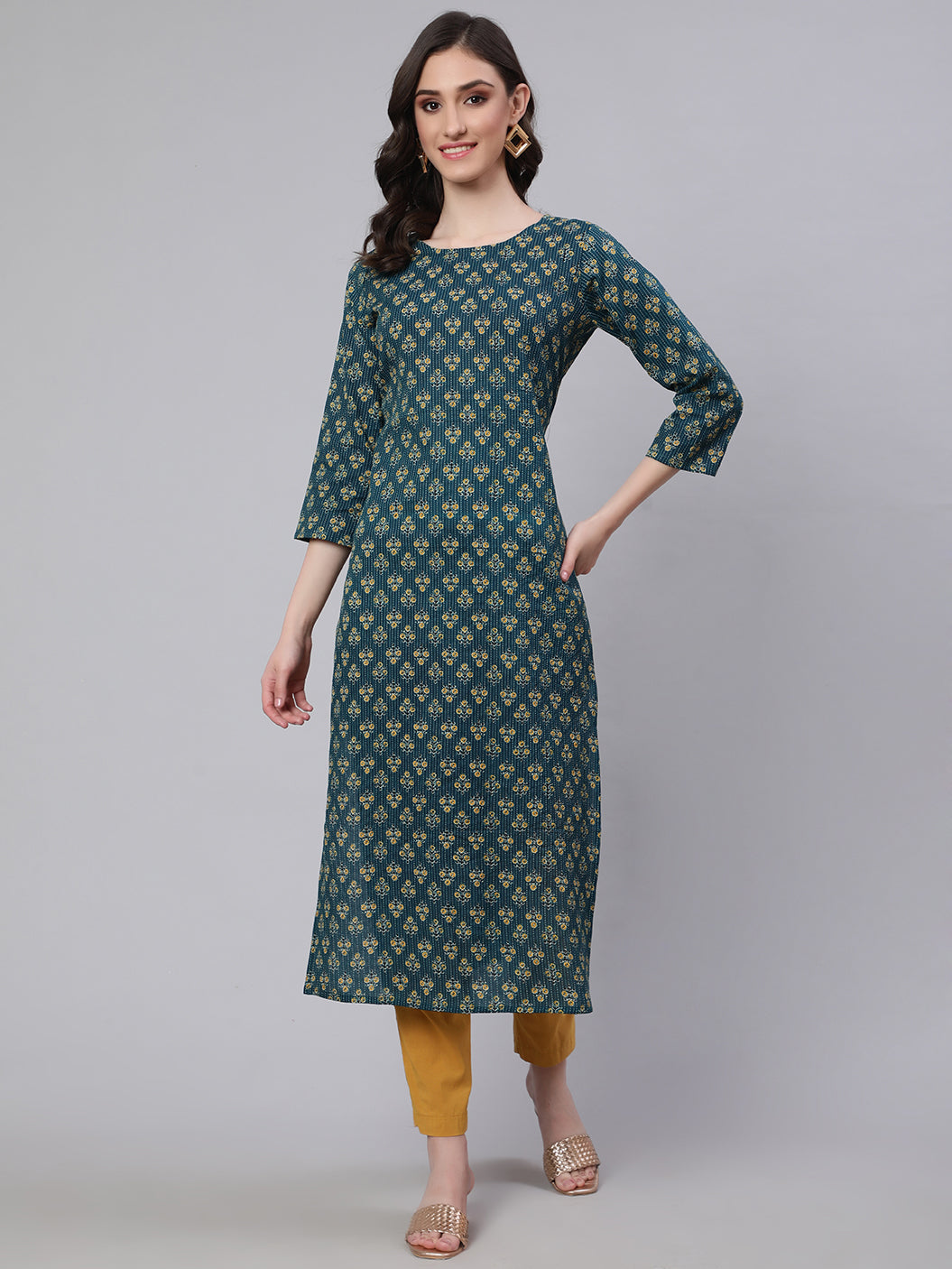 Women's Teal Blue Printed straight Kurta With three qurter sleeves