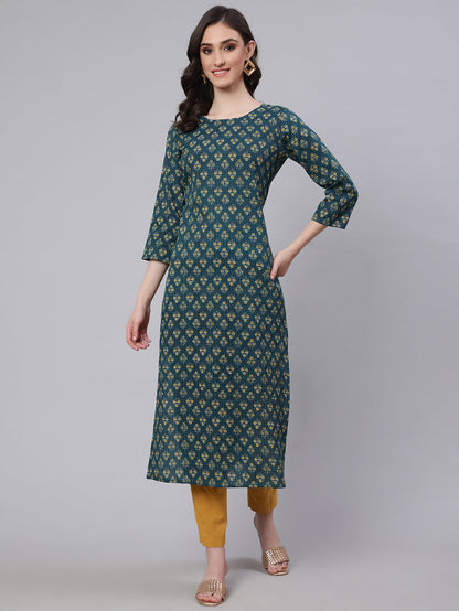 Women's Teal Blue Printed straight Kurta With three qurter sleeves