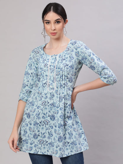 Women's Blue Straight Tunic With Three Quaretr Sleeves