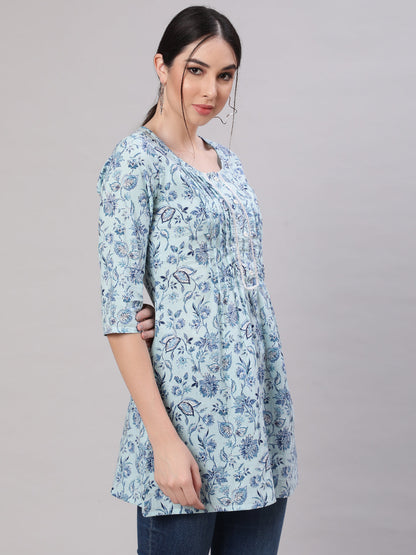 Women's Blue Straight Tunic With Three Quaretr Sleeves